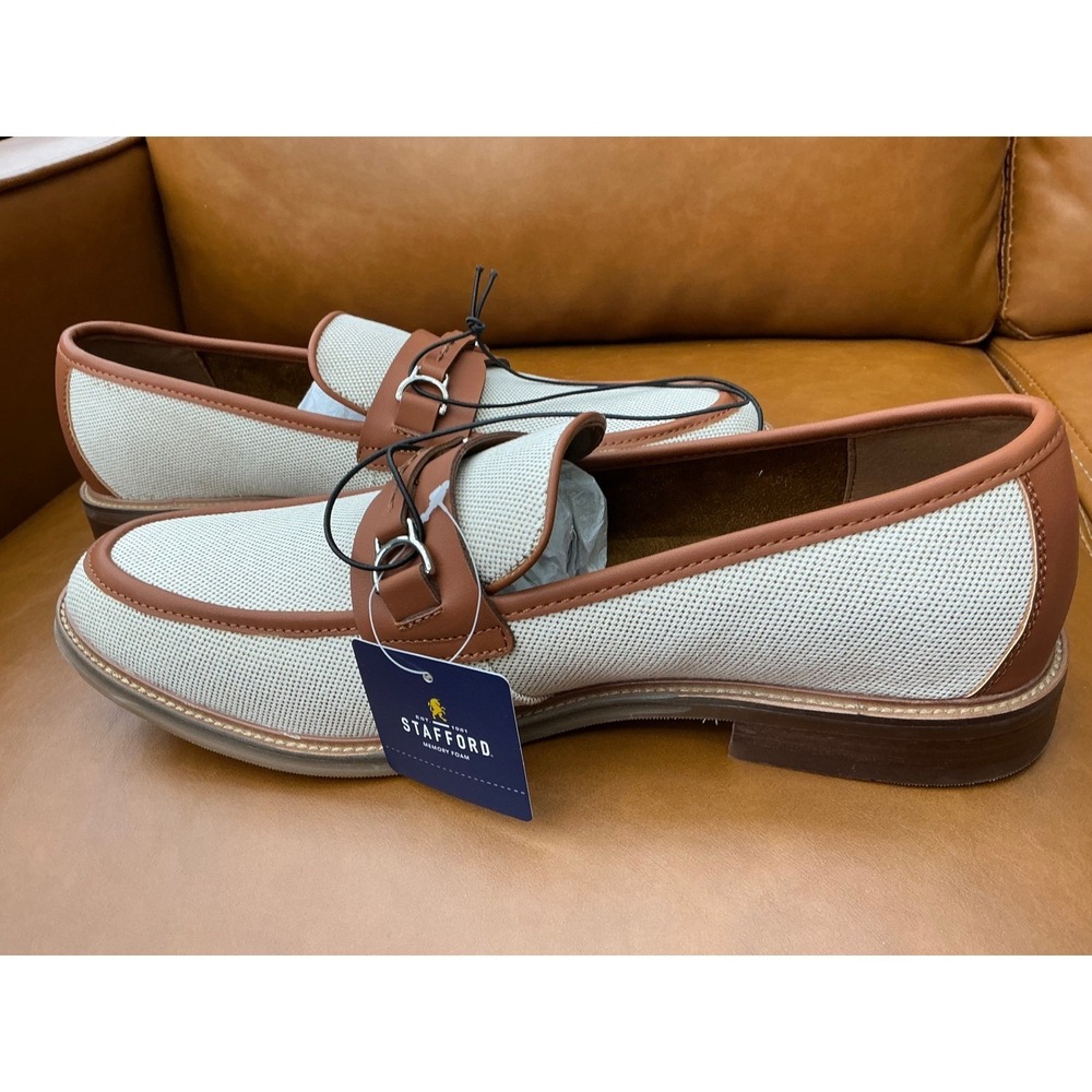 Stafford Torno Bit Loafers Mens 11 White Cognac New Textile Mesh Dress Shoes